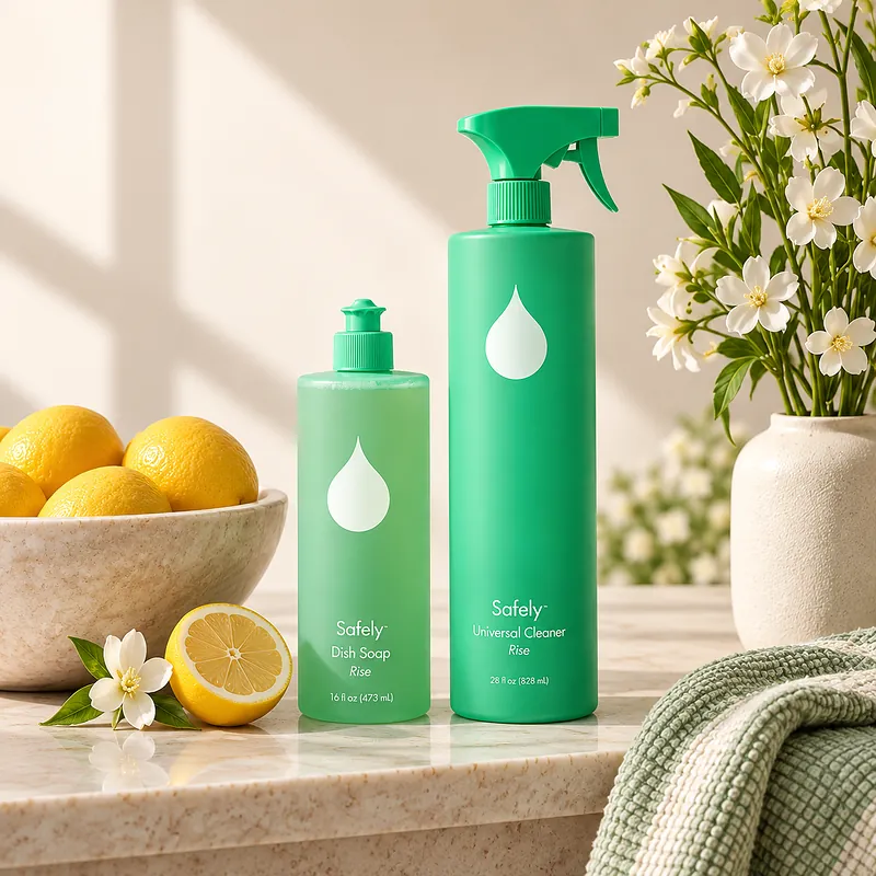 Safely Rise dish soap and universal cleaner on a sunlit counter with lemons and white flowers