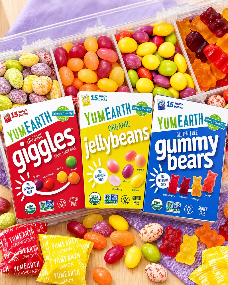 YumEarth organic Giggles, organic Jellybeans and gluten free Gummy Bears snack-pack boxes with candy